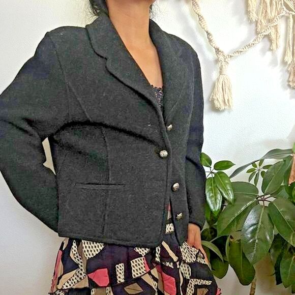 vtg wool geiger Austria sweater cardigan dark grey gray jacket 38 silver buttons - Picture 9 of 10